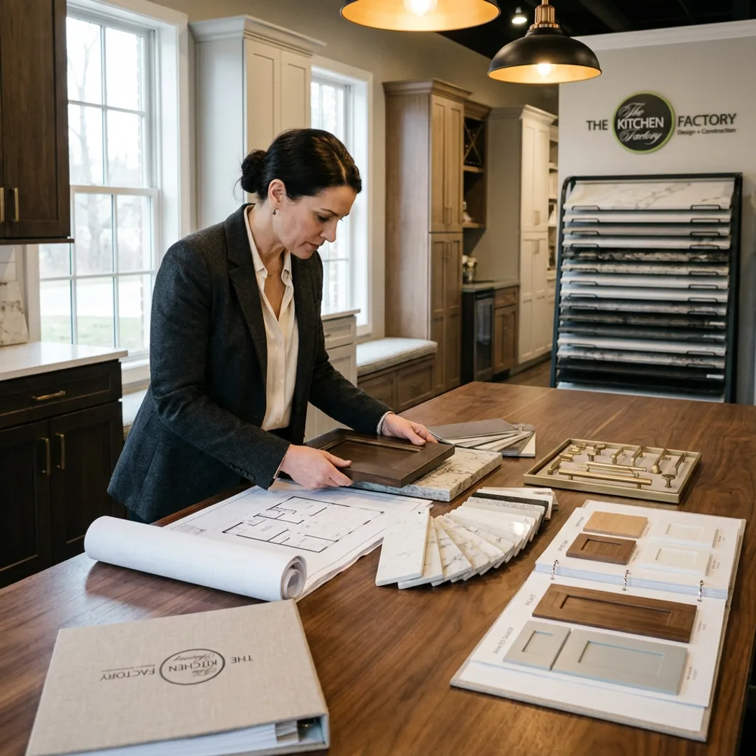 Designer reviewing bathroom plans and material samples