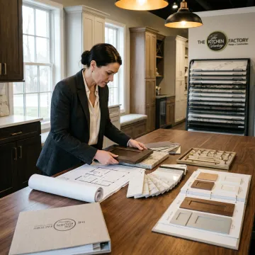 Designer reviewing bathroom plans and material samples