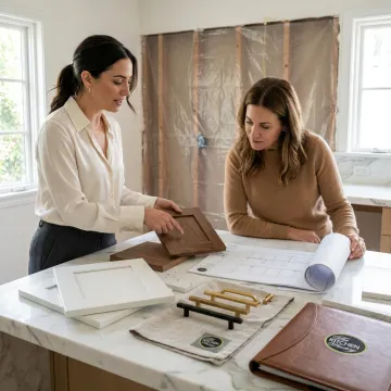 Designer reviewing custom kitchen cabinet plans