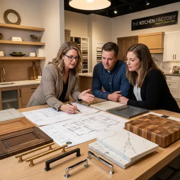 Designer reviewing kitchen remodeling plans with homeowner