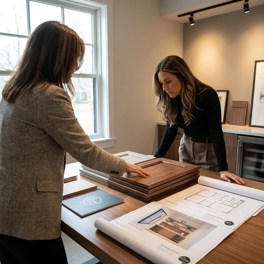 Designer reviewing kitchen plans with homeowner