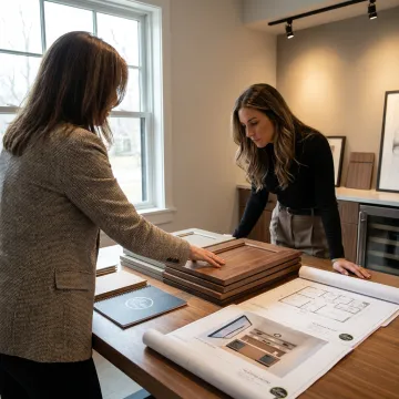 Designer reviewing kitchen plans with homeowner