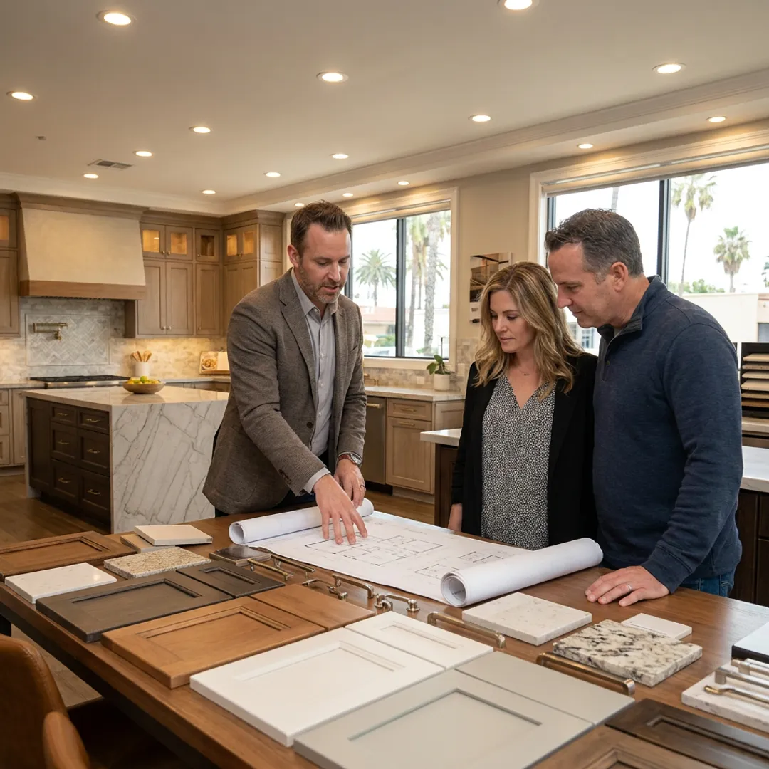 Designer reviewing kitchen plans and cabinetry samples