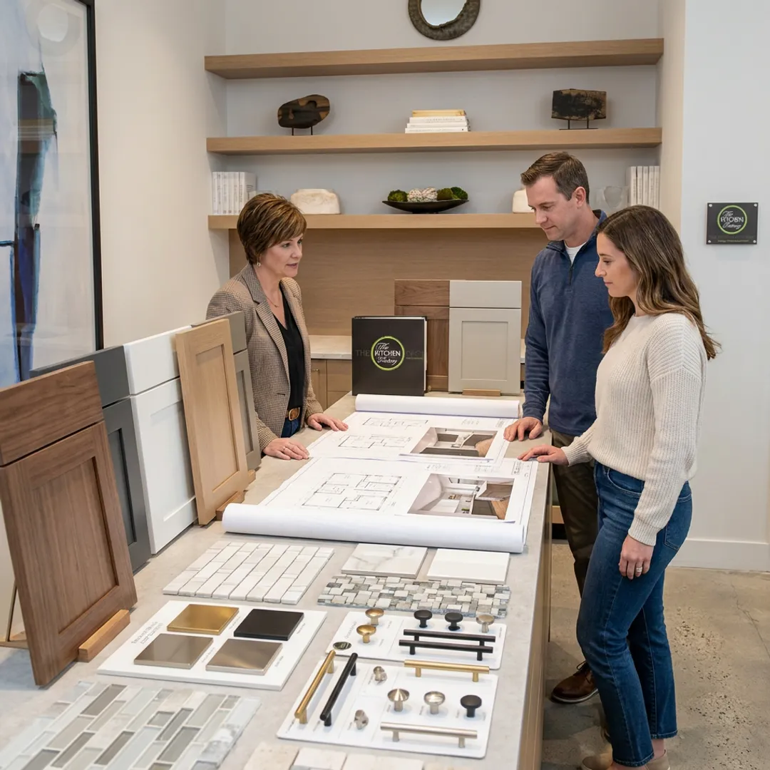 Designer reviewing remodeling plans with homeowners