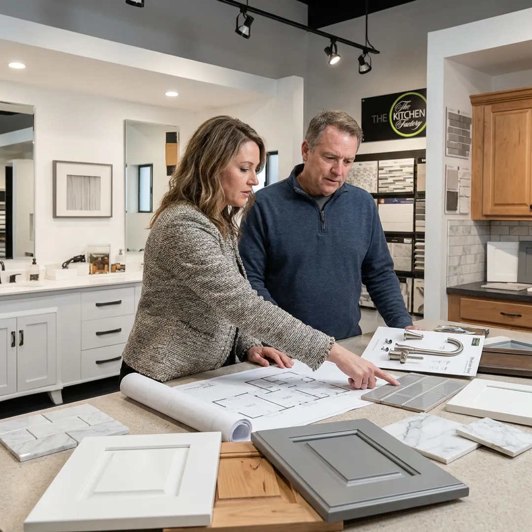Designer reviewing bathroom remodeling plans with homeowner