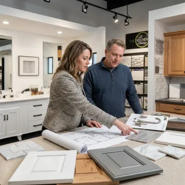 Designer reviewing bathroom remodeling plans with homeowner