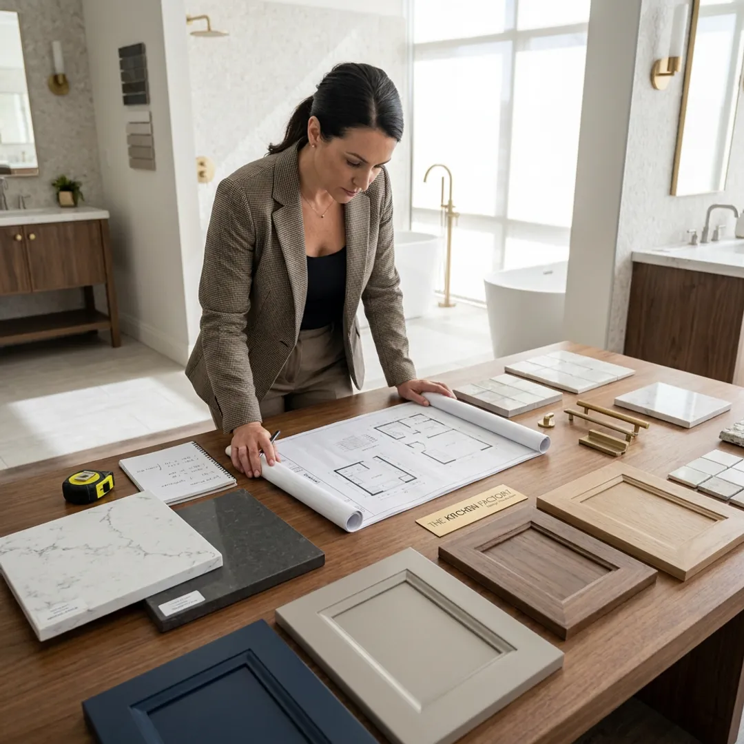 Designer reviewing bathroom remodel plans and finish samples