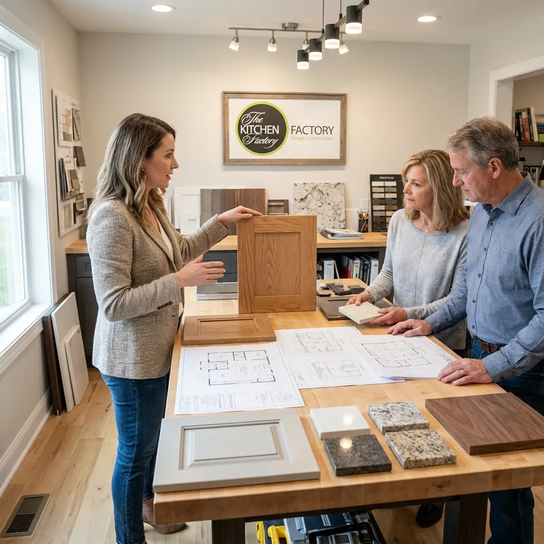 Designer reviewing remodeling plans with homeowners