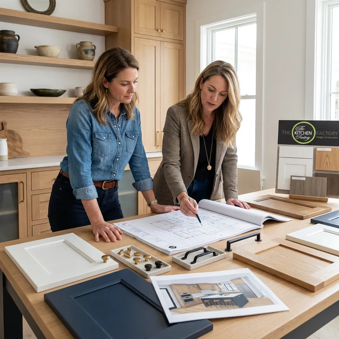 Designer reviewing custom kitchen plans with homeowner
