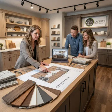 Designer reviewing kitchen remodeling plans with homeowners