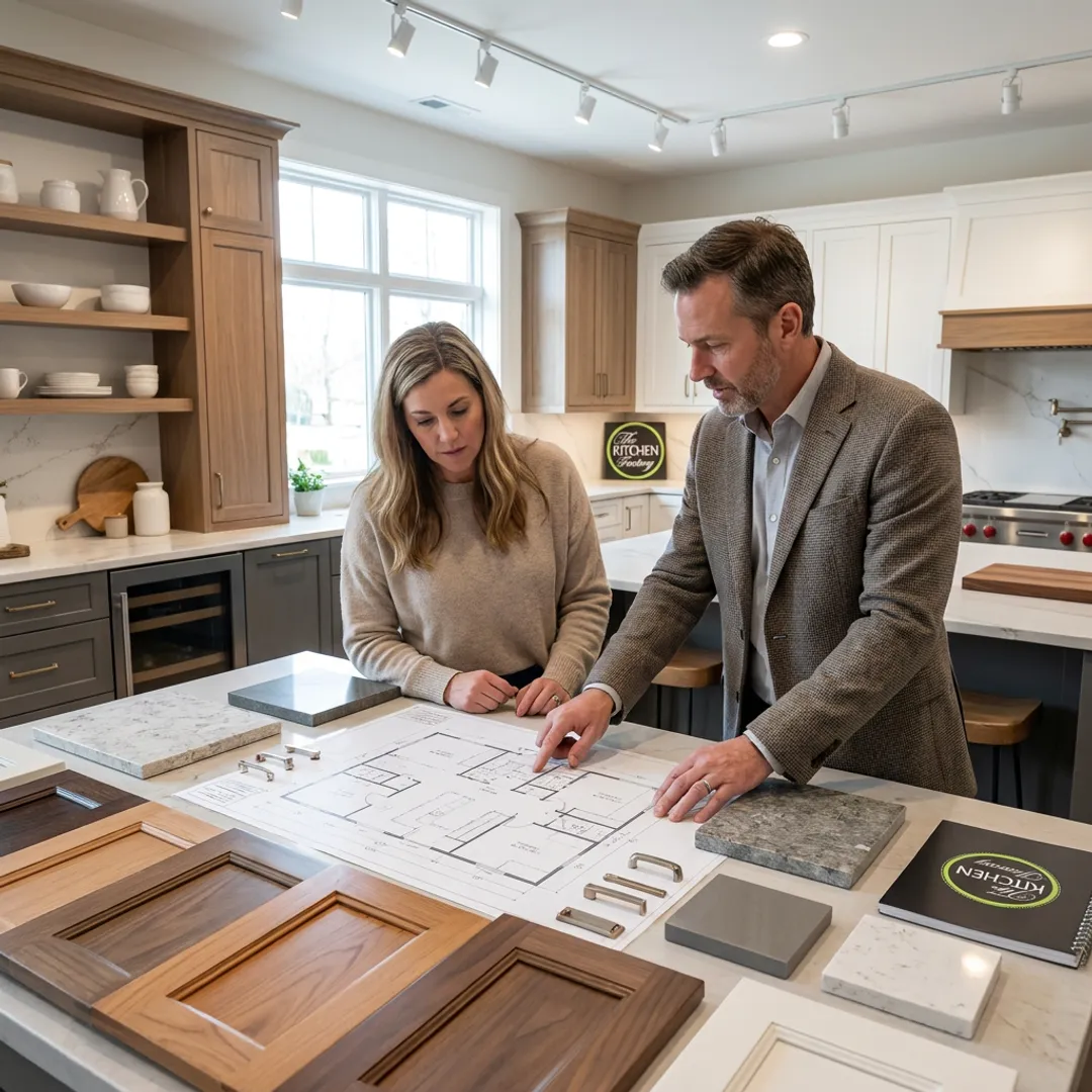 Designer reviewing kitchen plans and finishes