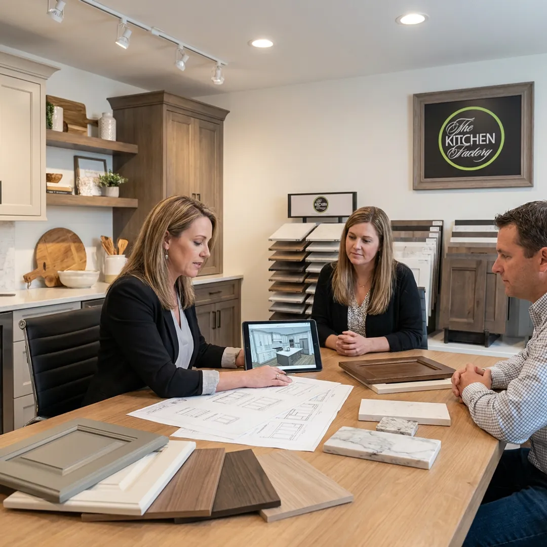 Designer reviewing kitchen plans with homeowners