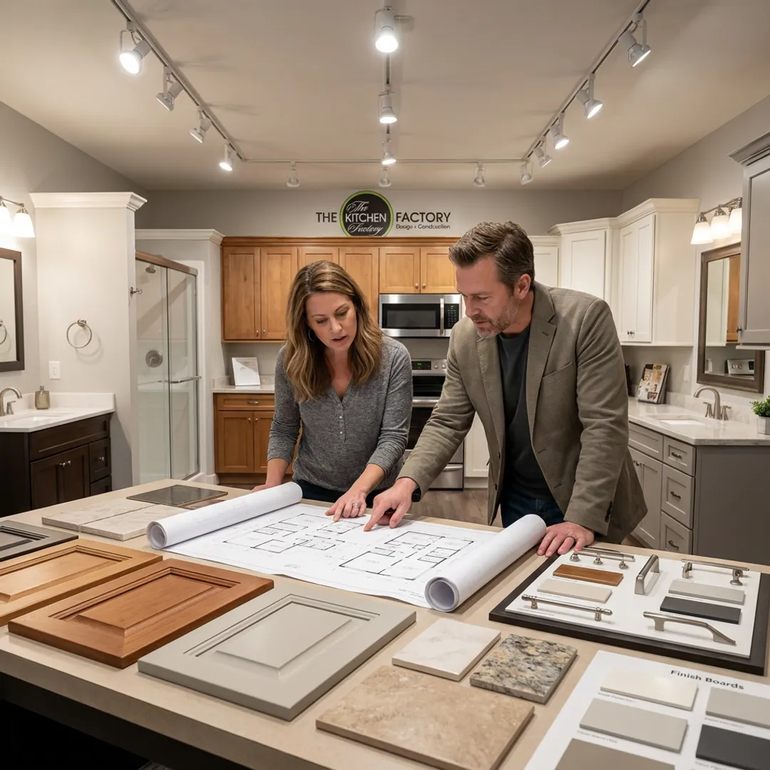 Designer reviewing bathroom remodeling plans and material samples