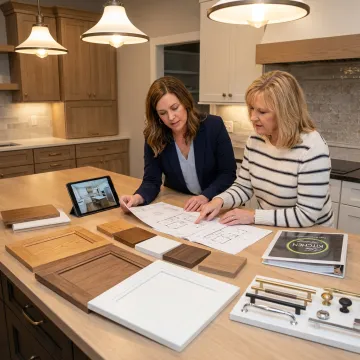 Designer reviewing kitchen renovation plans with homeowner