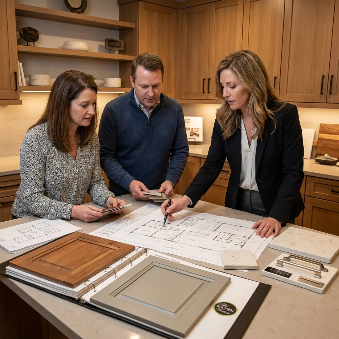 Designer reviewing remodel plans with homeowners