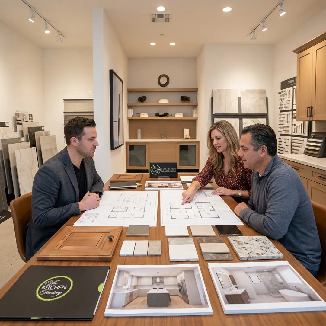 Designer reviewing remodeling plans with homeowners