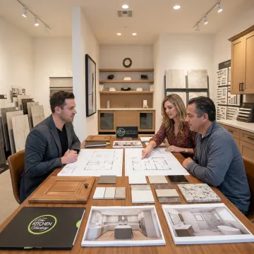 Designer reviewing remodeling plans with homeowners