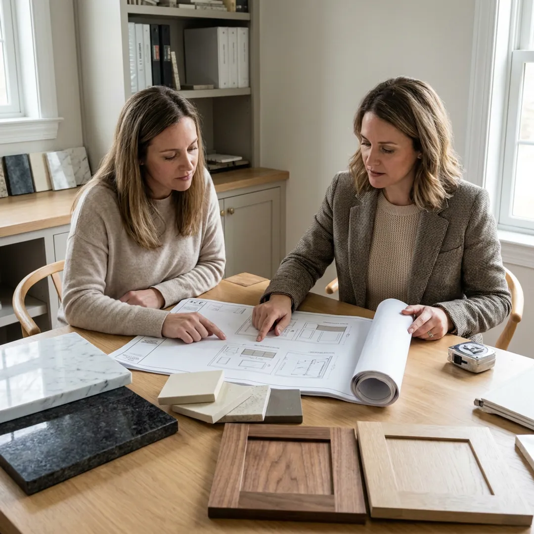 Designer reviewing bathroom remodeling plans