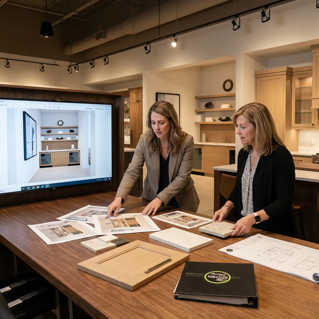 Designer reviewing kitchen remodel plans with homeowner
