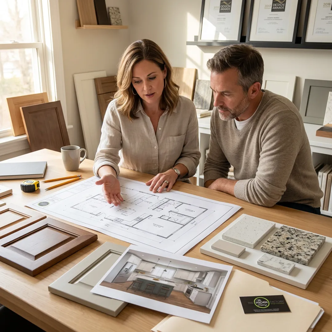 Designer reviewing kitchen remodel plans with homeowner