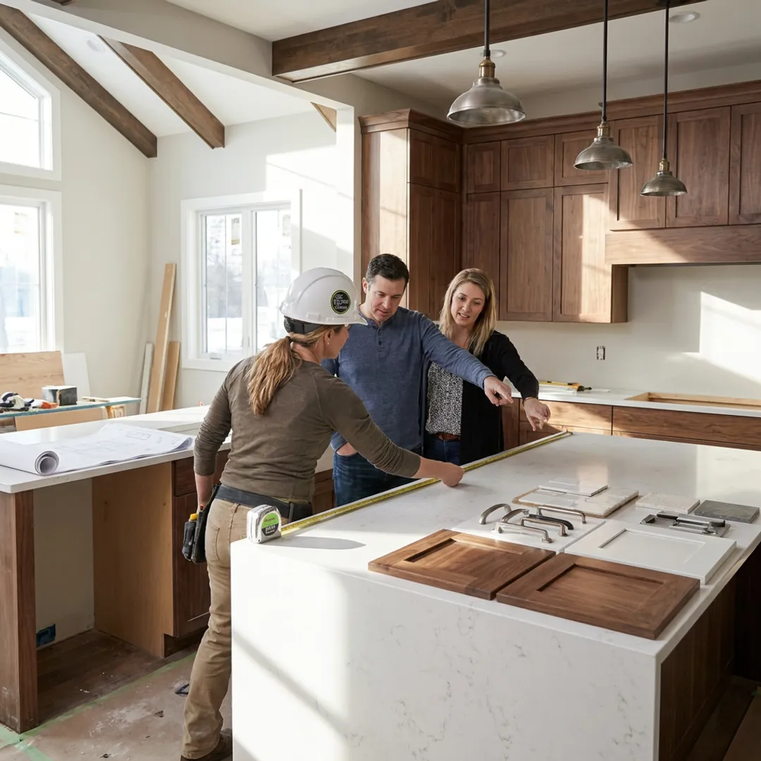 Designer reviewing kitchen remodeling plans with homeowners