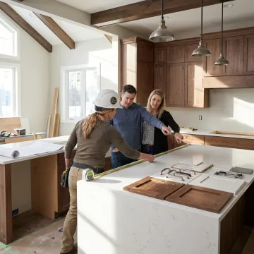 Designer reviewing kitchen remodeling plans with homeowners