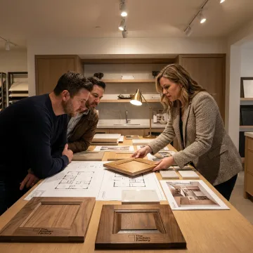 Designer reviewing kitchen plans and samples