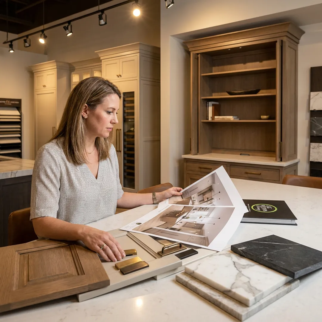 Designer reviewing luxury kitchen plans and finishes