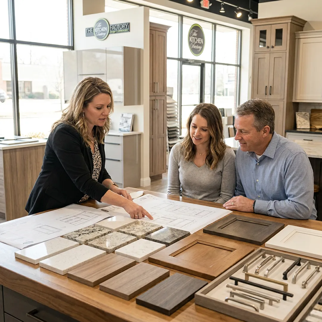 Designer reviewing cabinet plans with homeowners