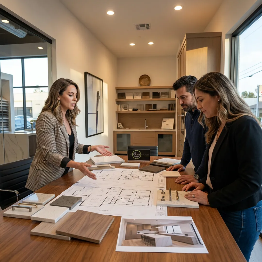 Kitchen designer reviewing plans and samples with clients