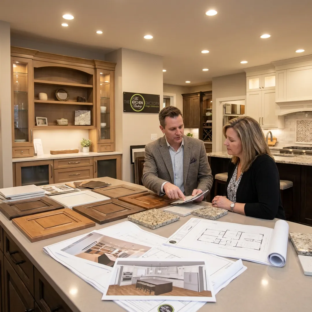 Designer reviewing kitchen cabinet plans with homeowner