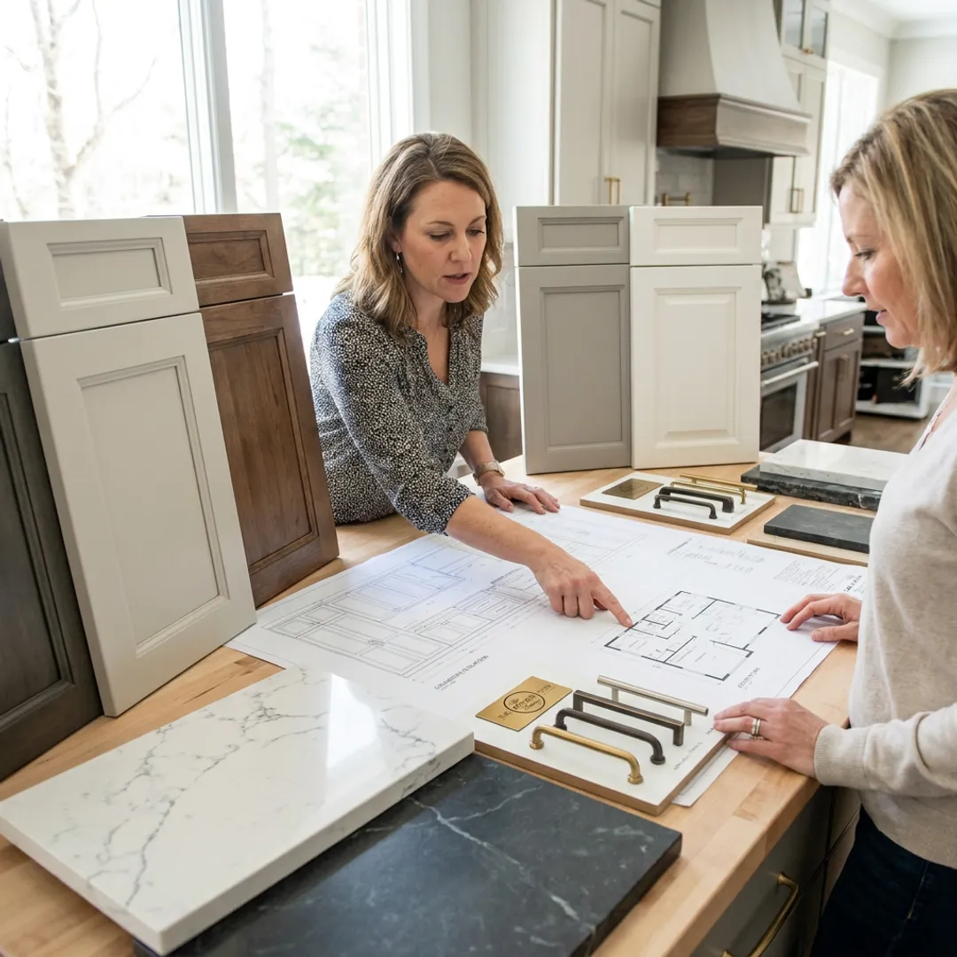 Designer reviewing custom kitchen plans with homeowner