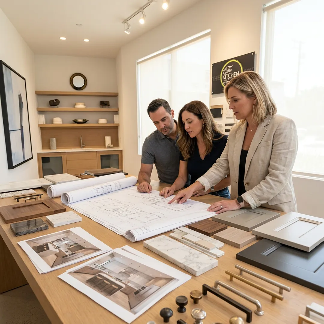 Designer reviewing kitchen plans with homeowners