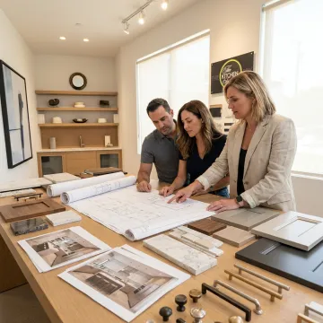 Designer reviewing kitchen plans with homeowners