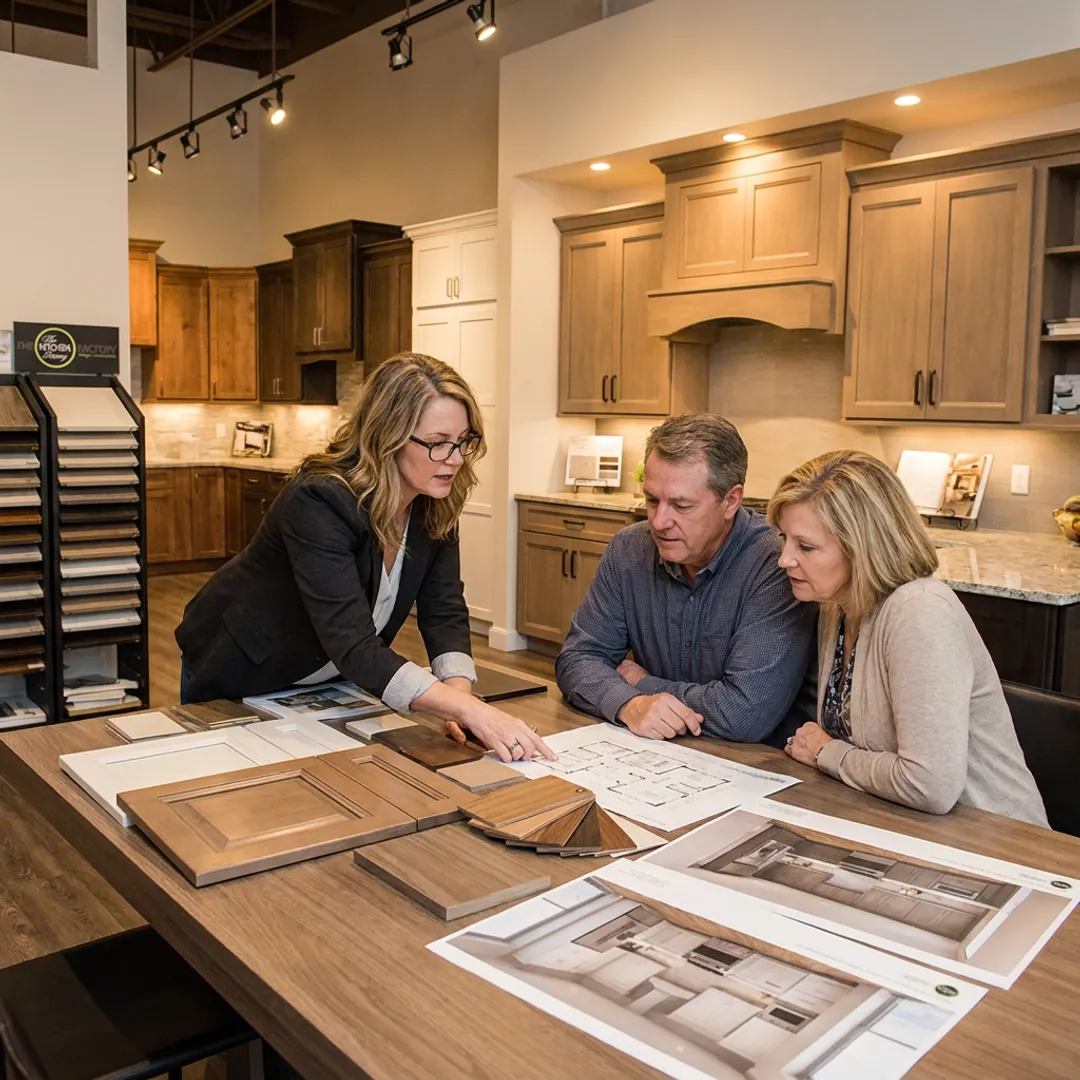 Designer reviewing kitchen plans with homeowner