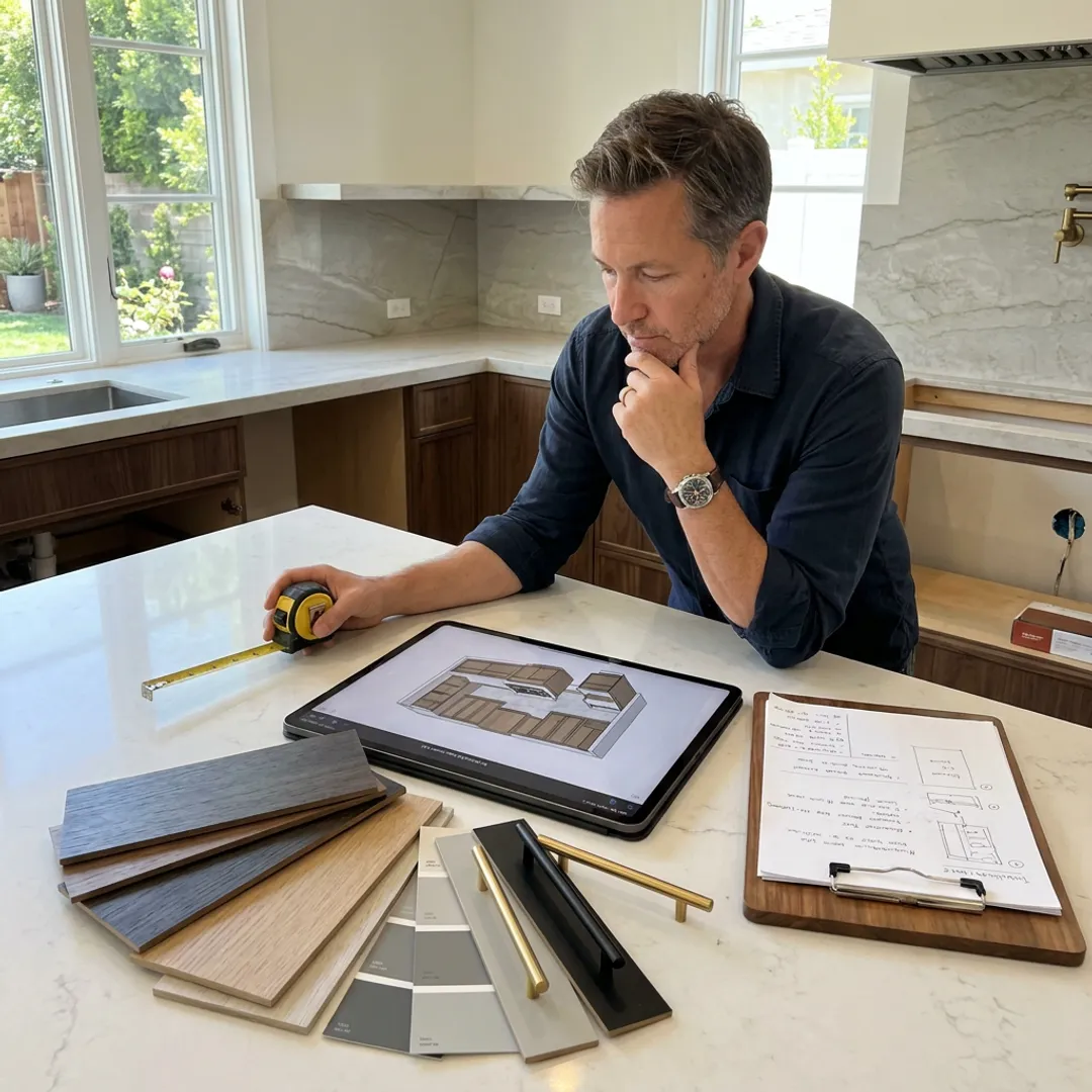 Kitchen designer reviewing remodeling plans onsite