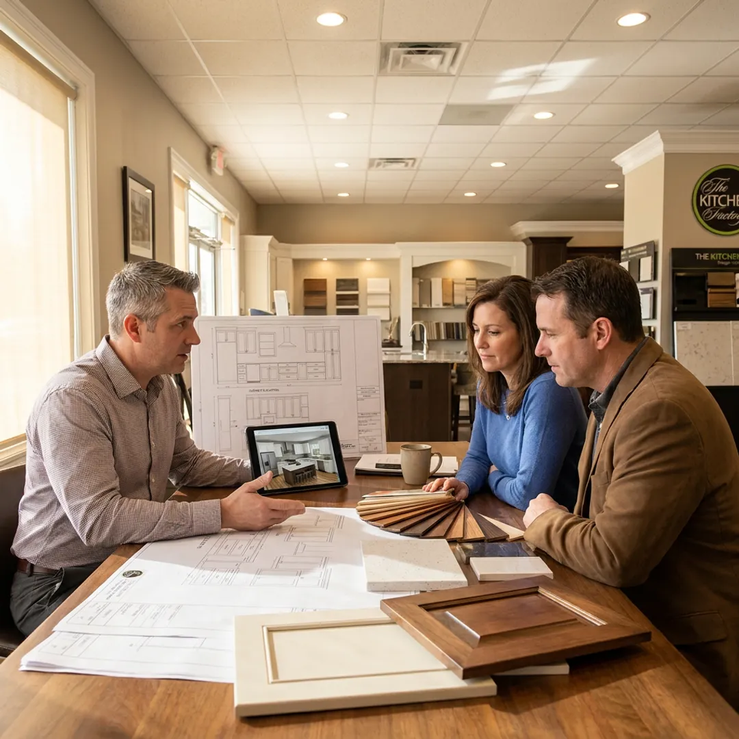 Kitchen designer reviewing plans with homeowners