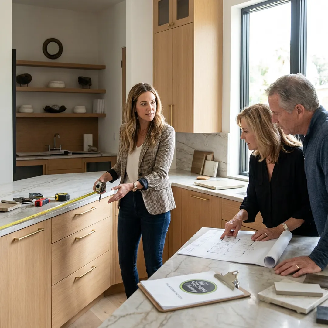 Designer measuring a kitchen during consultation