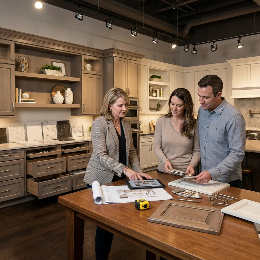 Designer reviewing remodeling plans with homeowners