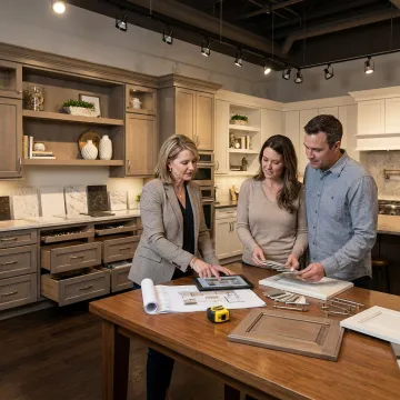 Designer reviewing remodeling plans with homeowners