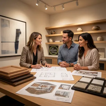 Designer reviewing remodeling plans with homeowners