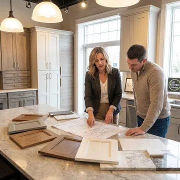 Designer reviewing kitchen remodeling plans with homeowner