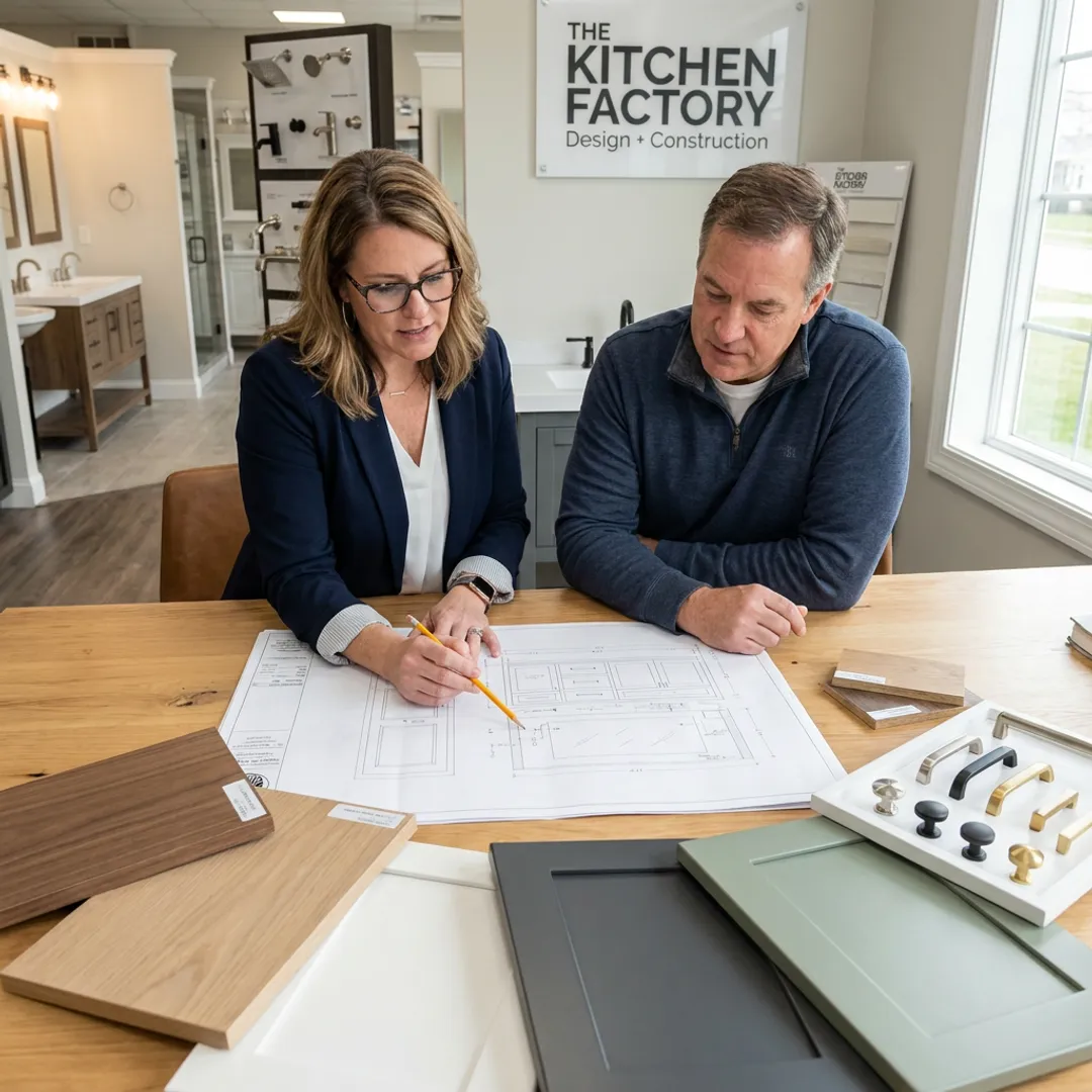 Designer reviewing custom bathroom cabinet plans