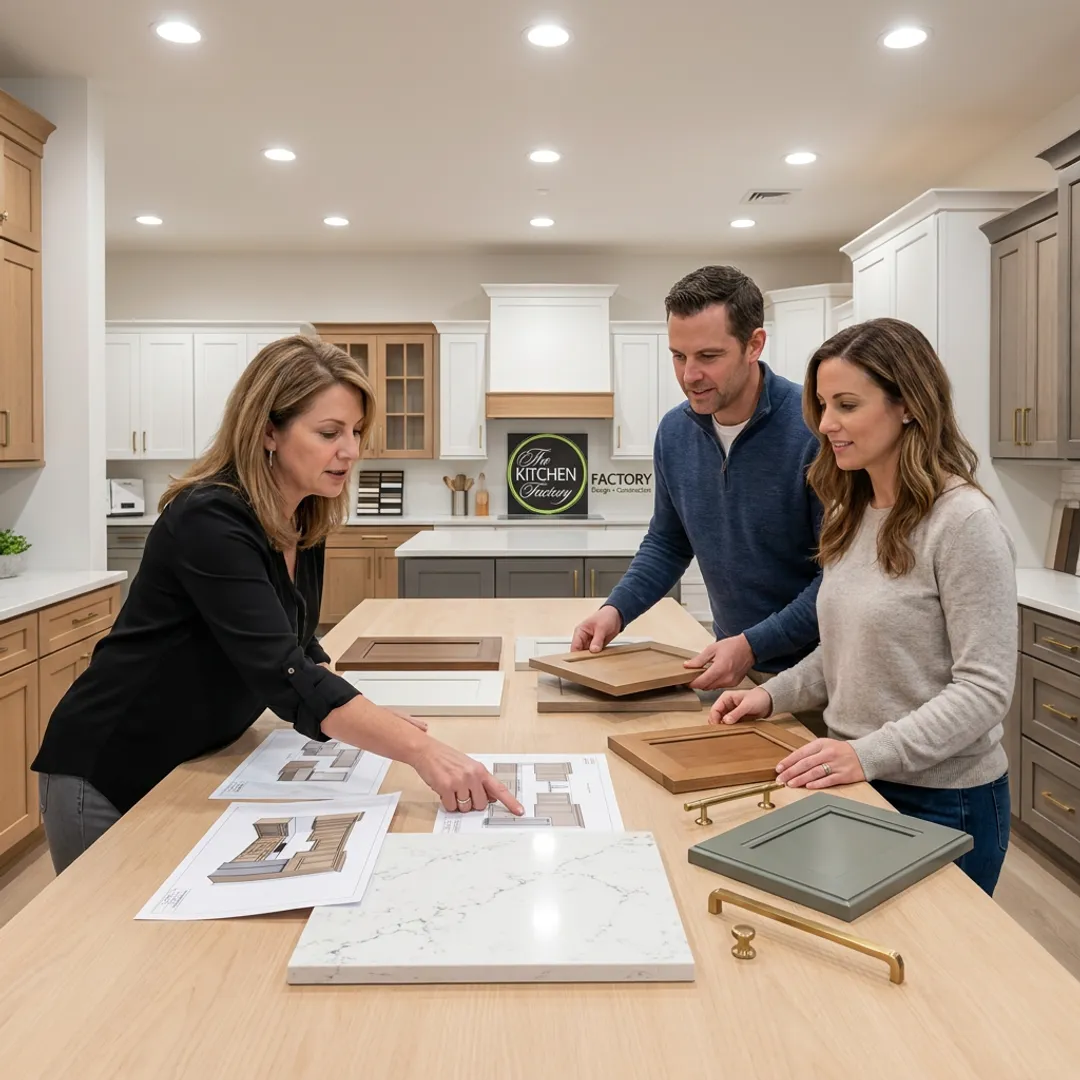 Kitchen designer reviewing renovation plans with homeowners