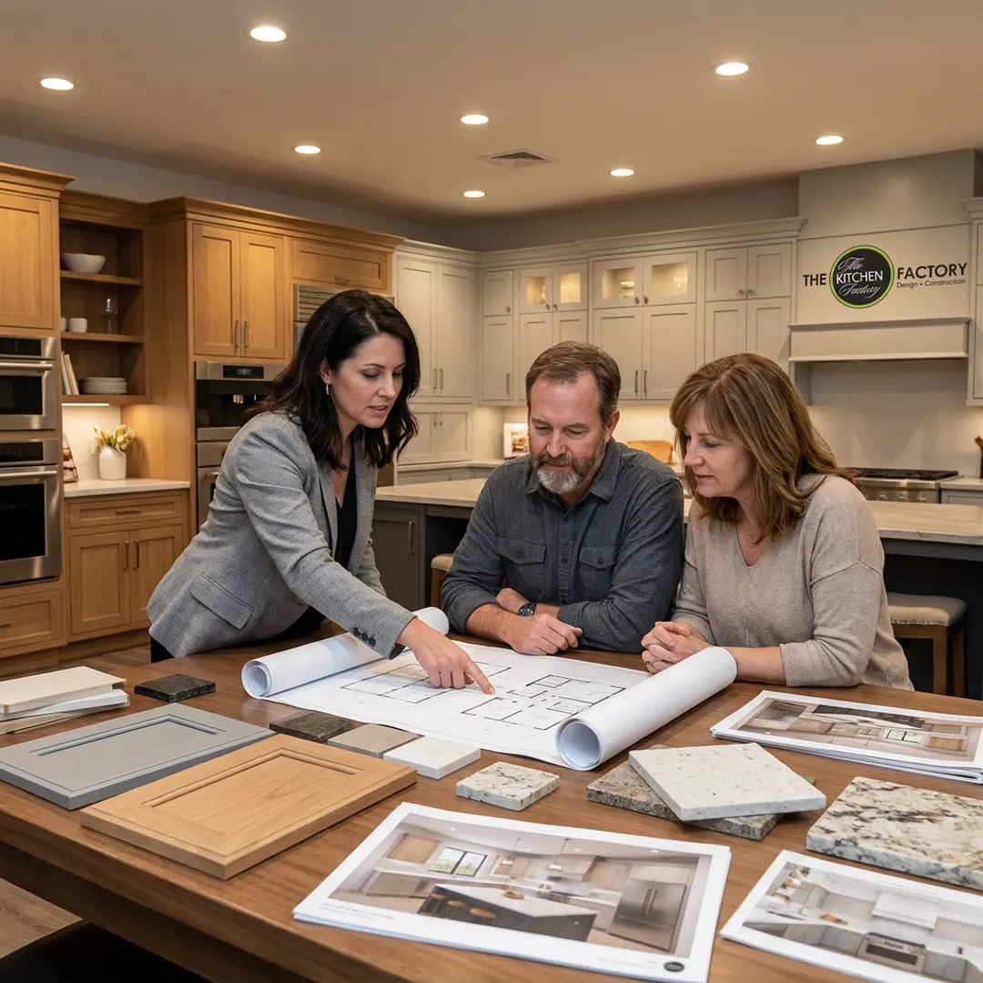 Designer reviewing kitchen plans with homeowner