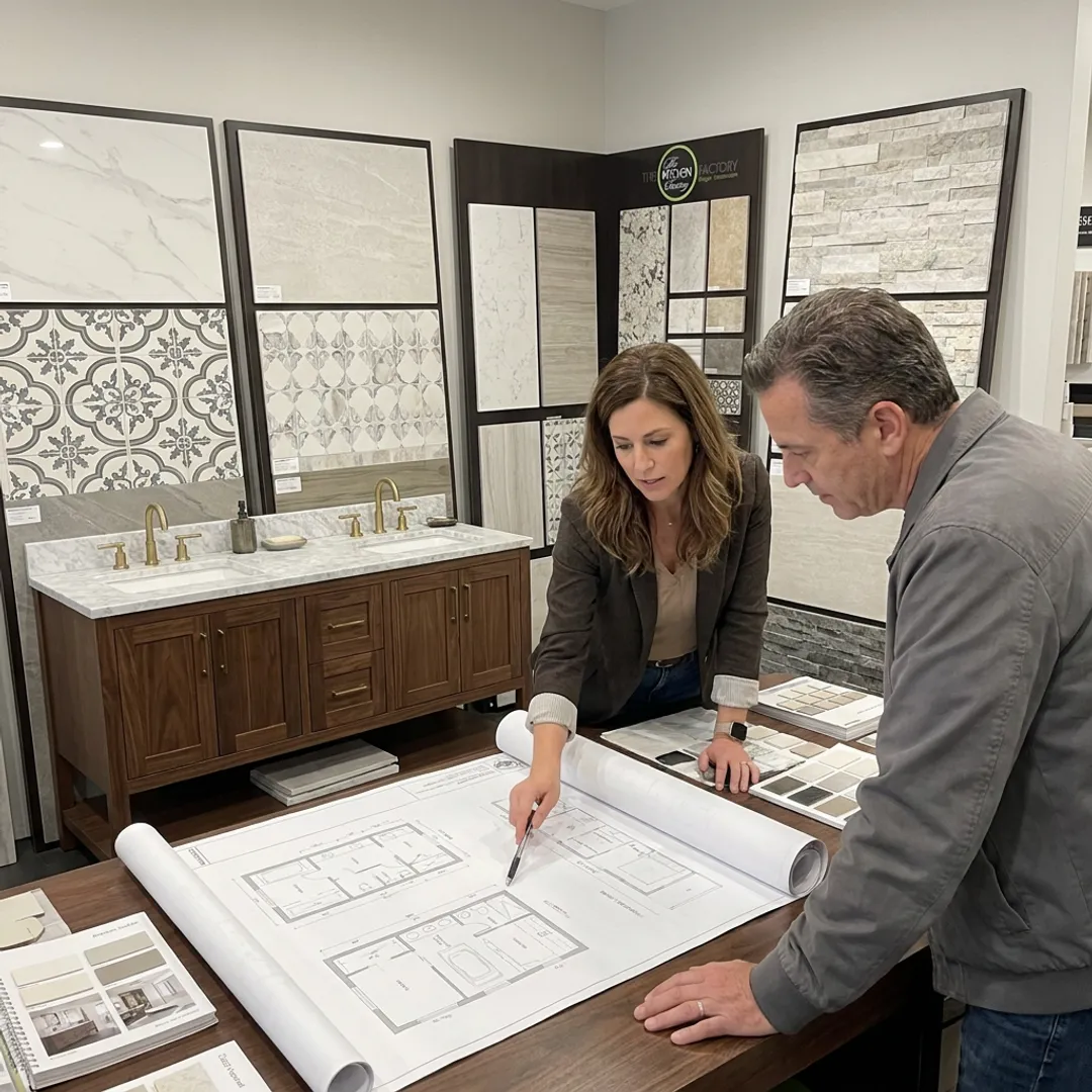Designer reviewing bathroom remodel plans with homeowner
