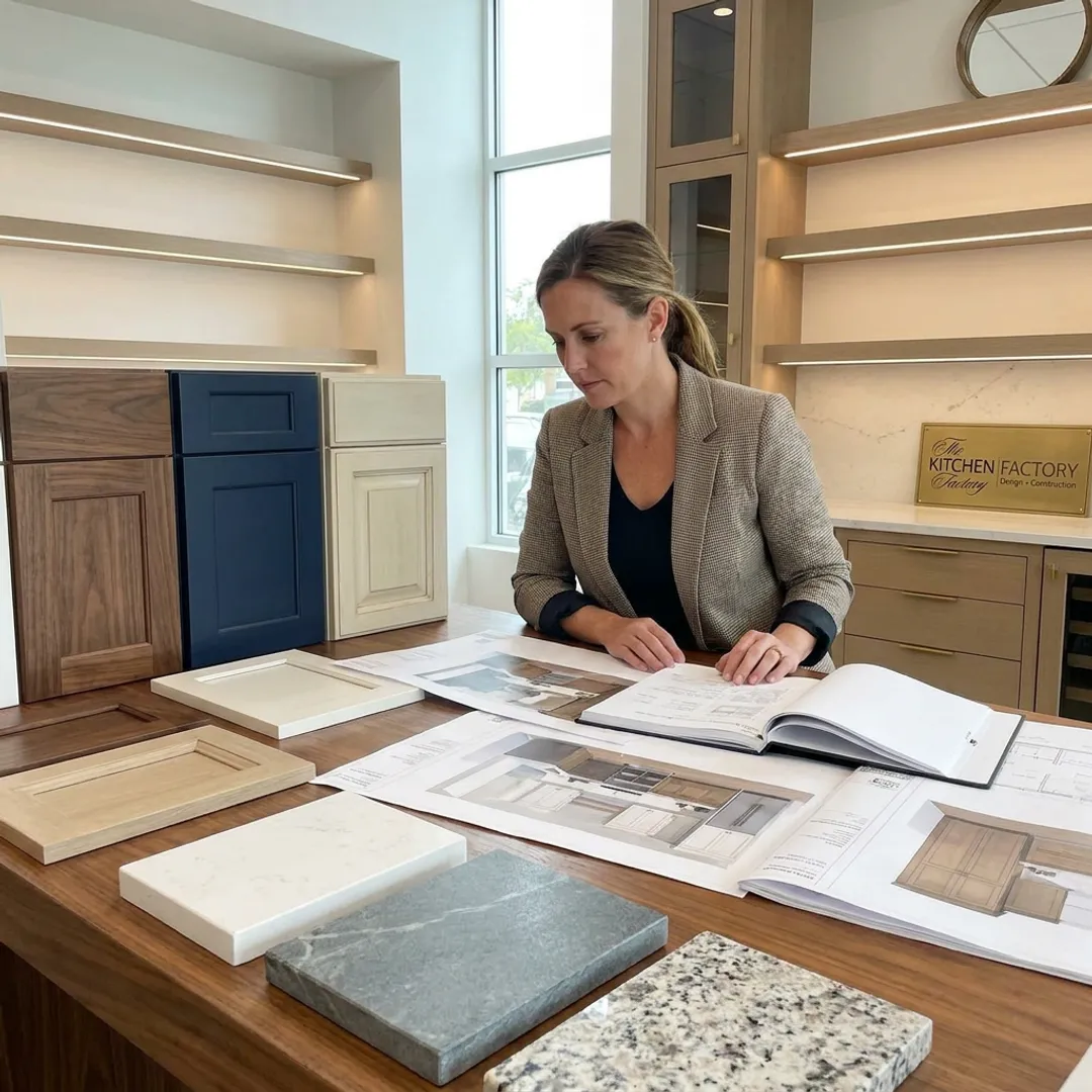 Designer reviewing remodeling plans with materials