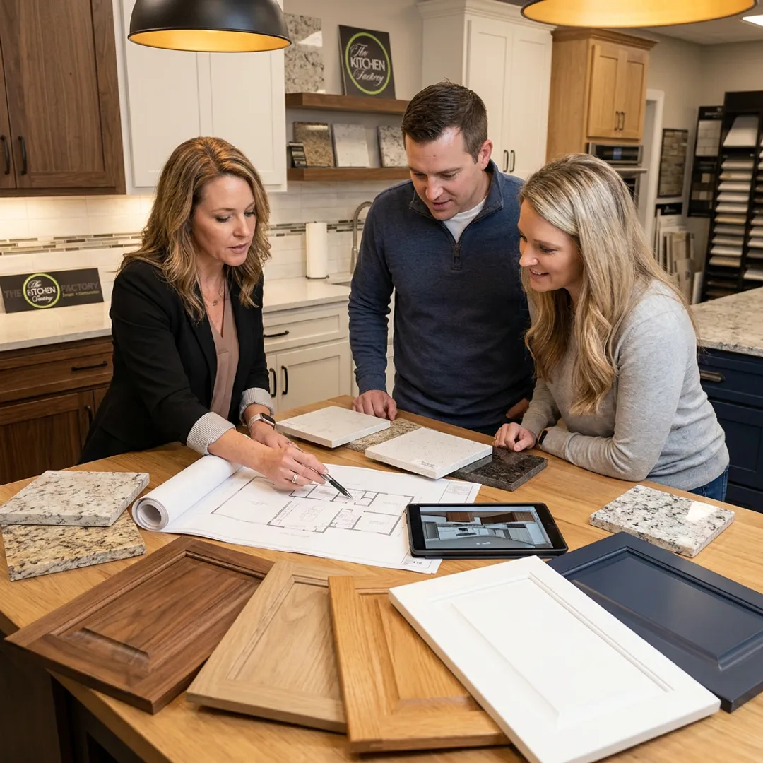Designer reviewing kitchen plans with homeowners