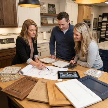 Designer reviewing kitchen plans with homeowners
