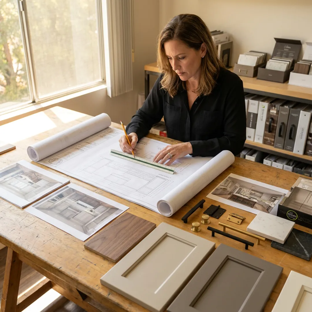Designer reviewing custom cabinet plans